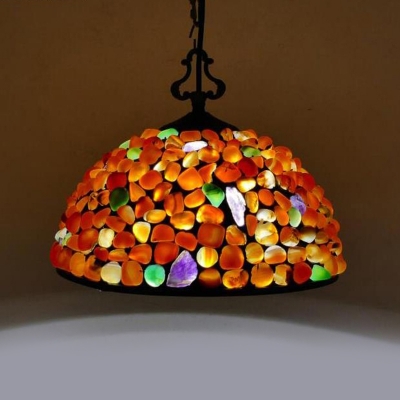 1 Light Suspension Light Tiffany Domed Shade Colorful Stone Ceiling Lamp in Black for Living Room