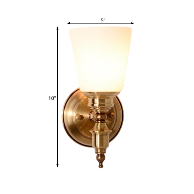 1-Light Tapered Wall Light Vintage Stylish White Glass Wall Sconce Fixture in Gold for Bedroom