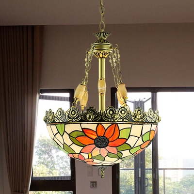 3/4 Bulbs Blossom Chandelier Lighting Tiffany Red/Green Stained Glass Pendant Light for Living Room