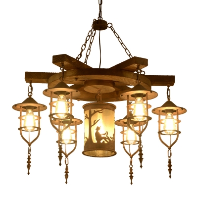3/7 Lights Chandelier Light Industrial Caged Metallic Hanging Ceiling Fixture in Wood for Dining Room