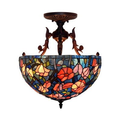 3 Lights Semi Flush Light Victorian Blossom Stained Art Glass Ceiling Mounted Fixture in White/Red/Yellow