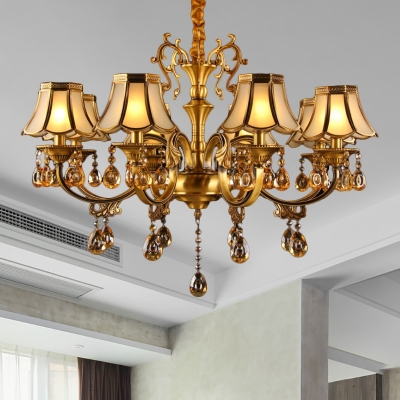 5/6/8 Heads Flared Chandelier Lamp Colonial Frosted Glass Ceiling Hanging Light in Gold with Amber Crystal Teardrop