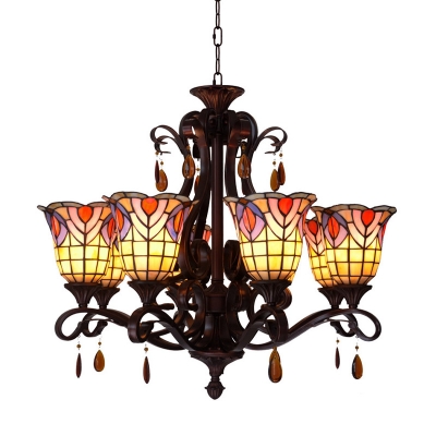 6 Lights Bedroom Chandelier Lighting Tiffany Red/Yellow/Blue Ceiling Pendant with Flared Hand Cut Glass Shade