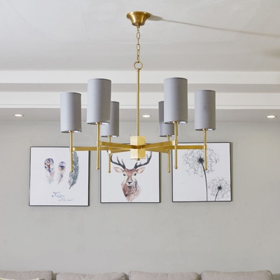 6 Lights Living Room Chandelier Pendant Light Modern Style White/Grey Ceiling Lamp with Cylinder Fabric Shade