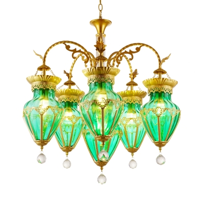 6 Lights Red/Blue/Green Glass Hanging Chandelier Moroccan Brass Curved Arm Living Room Pendant Light Fixture