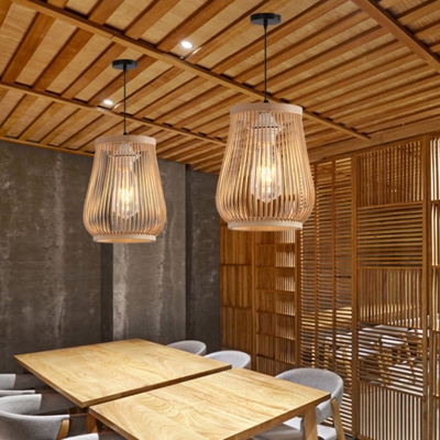 Bamboo Barrel Hanging Ceiling Light Asia 1 Light Beige Suspension Pendant for Dining Room