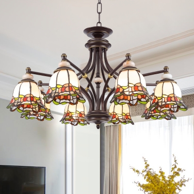 Black Bell Chandelier Light Decorative 3/5/6 Heads Hand-Cut Stained Glass Down Lighting Pendant for Living Room