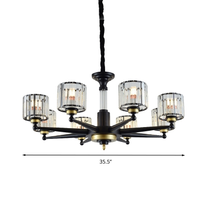 Black Cylinder Hanging Ceiling Light Simple Style 6/8 Heads Rectangular-Cut Crystal Chandelier Light