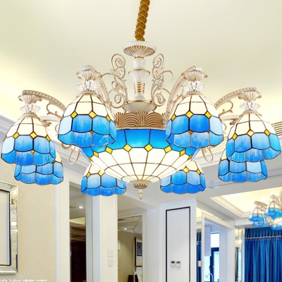 Blue 3/5/9 Lights Hanging Chandelier Mediterranean Stained Art Glass Grid Patterned Ceiling Pendant Light