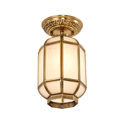 Brass 1 Head Semi Flush Light Traditional Sandblasted Glass Lantern Ceiling Fixture for Hallway