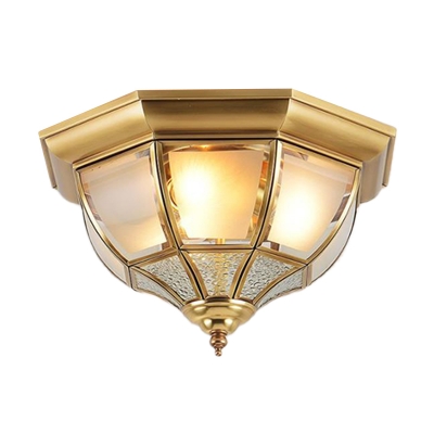 Brass 3/4 Heads Flush Mount Lamp Traditional Sandblasted Glass Bowl Ceiling Fixture for Living Room, 14