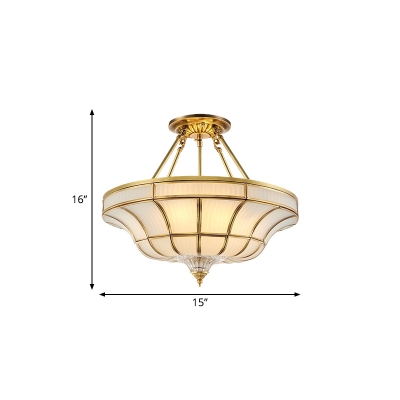 Brass 3/6 Lights Ceiling Mount Light Traditional Frosted Glass Curved Semi Flush Light for Corridor, 16