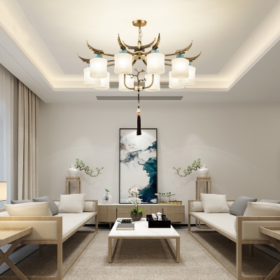 Brass 6/8/10 Heads Chandelier Lighting Traditionalism Frosted White Glass Cylinder Pendant Ceiling Light for Living Room