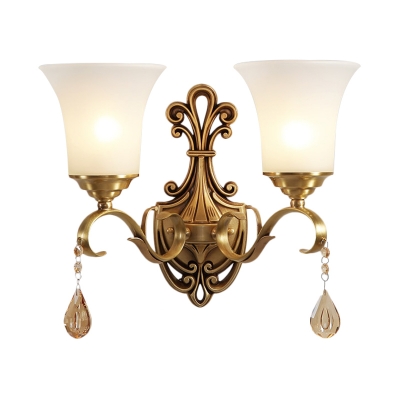 Brass Finish 1/2-Light Wall Lighting Classic Style Opal Glass Bell Wall Lamp with Clear Crystal Accent
