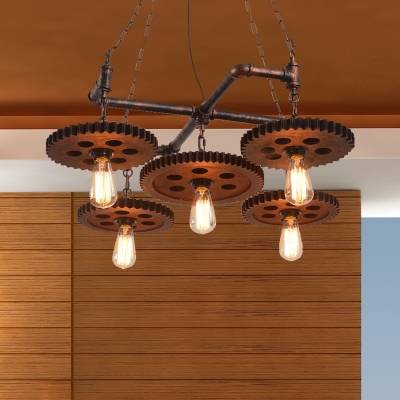 Bronze Open Bulb Hanging Chandelier Factory Style Metal 5 Lights Dining Room Pendant Light with Gear Deco