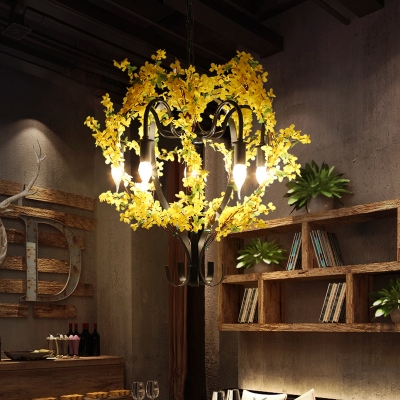 Candle Restaurant Pendant Chandelier Traditional Iron 5 Heads Black Hanging Ceiling Light with Artificial Flower