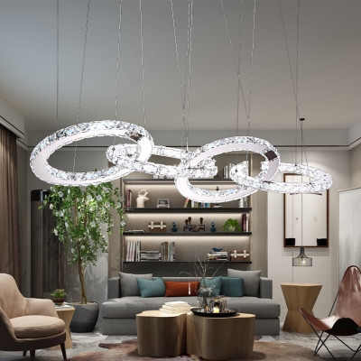 Circle Ceiling Chandelier Modern Crystal LED Chrome Hanging Pendant Light in White/Warm Light for Living Room