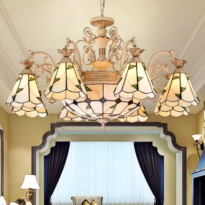 Cone Chandelier Lamp 9/11 Lights Stained Glass Baroque Style Pendant Lighting Fixture in White and Gold