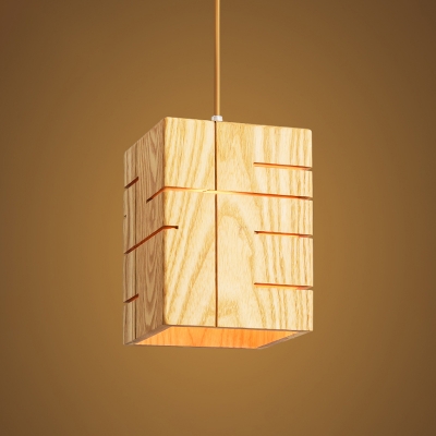 Contemporary 1 Head Ceiling Lamp Beige Rectangle Hanging Light Kit with Wood Shade