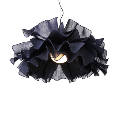 Contemporary Flower-Like Pendant Lighting Fabric 1 Light Living Room Hanging Lamp Kit in Black/White