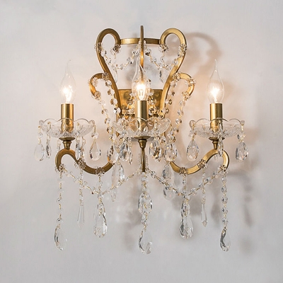 Countryside Curved Arm Wall Mounted Lamp 3 Lights Metal Sconce in Gold/Silver for Living Room with Crystal Draping