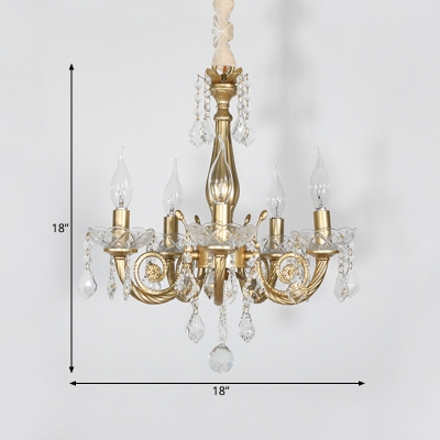 Curvy Arm Bedroom Ceiling Chandelier Countryside Crystal 5/6 Lights Gold Suspension Lighting