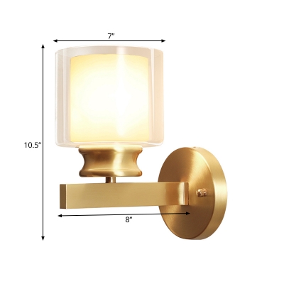 Cylinder Bedroom Wall Lamp Modern Clear Glass 1 Light Brass Finish Wall Lighting with Inner White Glass Shade