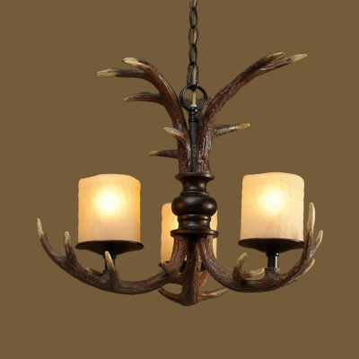 Cylindrical Ceiling Chandelier Rustic Frosted White Glass 3/5 Heads Hanging Light Fixture in Brown