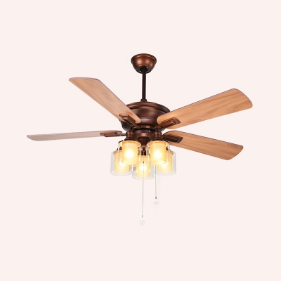 Cylindrical Dining Room Ceiling Fan Lamp Retro Clear Glass 5 Bulbs Red Brown Semi Flush Light