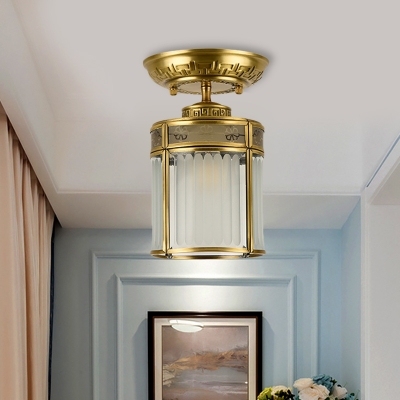 Cylindrical Milky Glass Ceiling Lighting Traditional 1 Bulb Porch Semi Flush Mount Ceiling Light in Brass