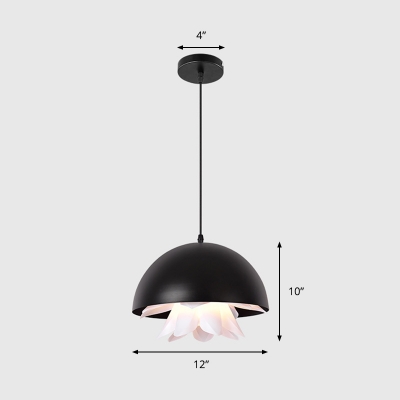 Domed Pendant Lighting Contemporary Metal 1 Light Black Hanging Ceiling Light with Flower Design