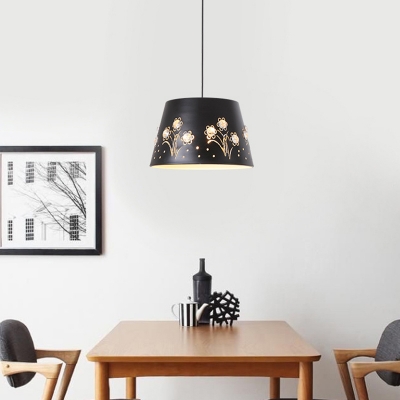 Drum Pendant Light Modern Metal 1 Light Black Suspension Lamp for Dining Room with Floral Pattern