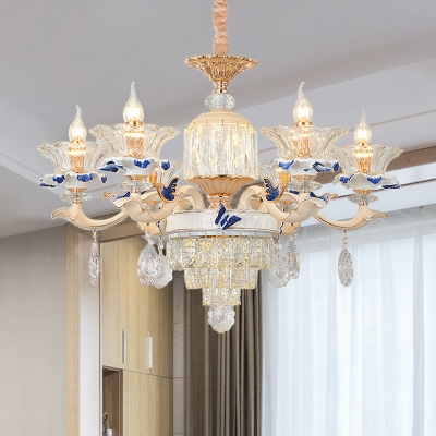 Flared Pendant Chandelier Tradition Crystal 6 Bulbs Gold Hanging Ceiling Light for Living Room