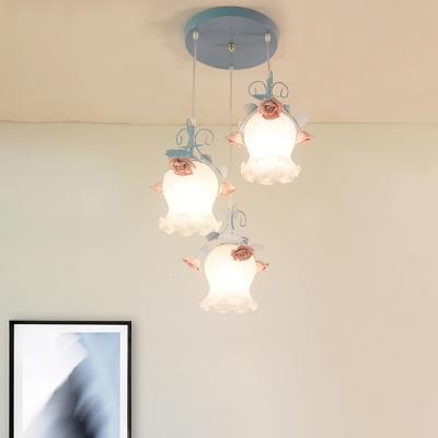 Flower Restaurant Cluster Pendant Light Countryside White Glass 3 Heads Blue Hanging Lamp