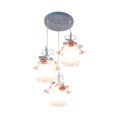 Flower Restaurant Cluster Pendant Light Countryside White Glass 3 Heads Blue Hanging Lamp