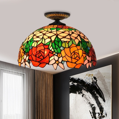Flower Ceiling Flush Tiffany-Style Stained Art Glass 1 Head Black/Yellow Flush Mount Lighting Fixture