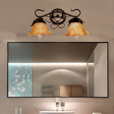 Flower Vanity Sconce Light Lodge Stylish Yellow Glass 1/2/3-Light Bathroom Wall Mounted Light in Black Finish