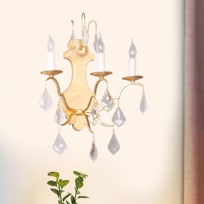 Gold 3 Light Sconce Light Fixture Countryside Metal Candle Wall Lamp with Crystal Droplet