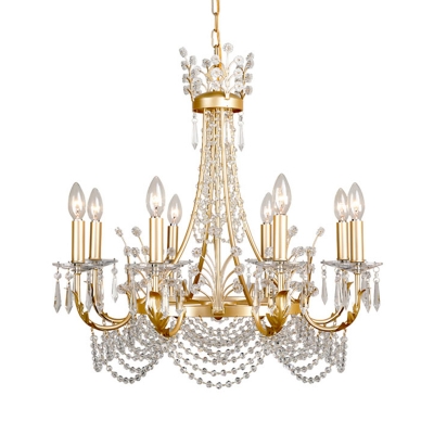 Gold 8 Lights Chandelier Pendant Light Rural Crystal Candlestick Ceiling Lamp for Bedroom
