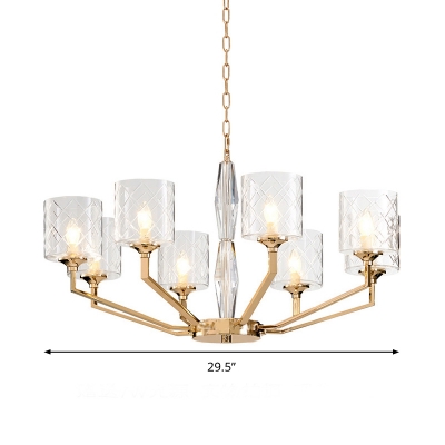 Gold Radial Chandelier Light Modern 8 Heads Metal Ceiling Suspension Lamp with Lattice Glass Shade