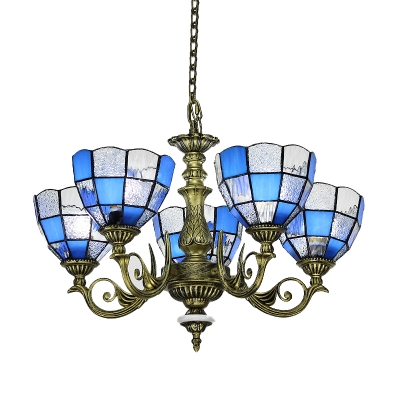 Grid Patterned Chandelier Lighting Tiffany Stained Art Glass 3/5/9 Heads Textured White Pendant Light Fixture for Dining Room