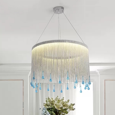 LED Pendant Chandelier Simple Chain Fringe Metal Hanging Ceiling Light in Silver/Gold for Bedroom, 16