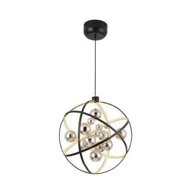 Round Hanging Chandelier Modernist Smoked Glass LED Black Ceiling Suspension Lamp