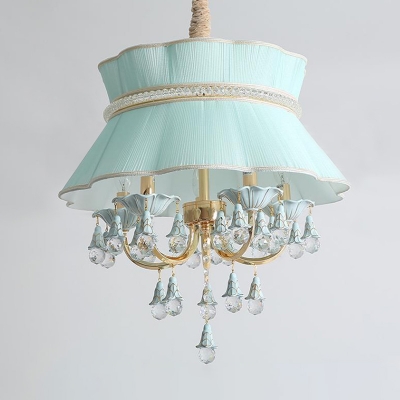 Scalloped Dining Room Hanging Ceiling Light Traditional Fabric 5 Heads Blue/Pink Chandelier Light