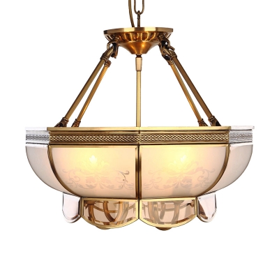 Scalloped Living Room Pendant Chandelier Colonial Opal Blown Glass 4 Heads Brass Hanging Ceiling Light