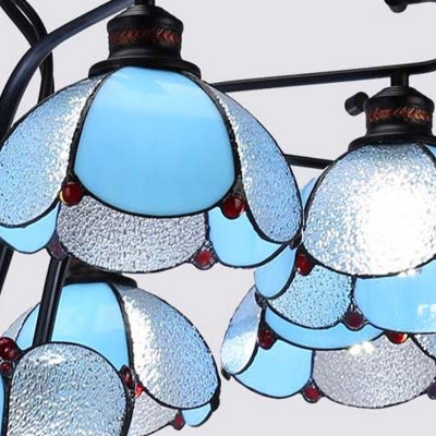 Scalloped White/Blue/Yellow Glass Ceiling Chandelier Tiffany 6/8 Lights Black Hanging Light Kit for Living Room