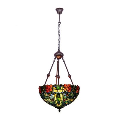 Stained Glass Dome Chandelier Light Tiffany 2 Lights Yellow/Orange/Green Pendant Lighting Fixture for Living Room
