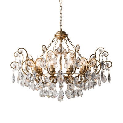 Swooping Arm Crystal Ceiling Chandelier Rustic 6/8/10 Lights Hanging Lamp Kit in Brass for Dining Room