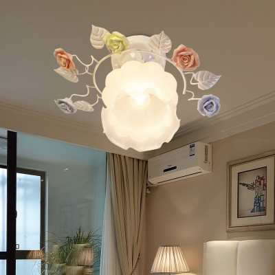 White1 Head Semi Flush Light Traditionalism Sandblasted Glass Rose Ceiling Fixture for Hallway
