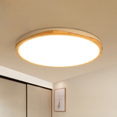 Wood Disk Ceiling Light Fixture Contemporary White LED Flush Mount Lighting in Warm/White Light, 14